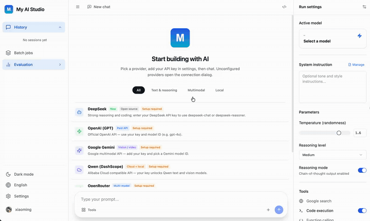 My AI Studio — model connection and setup